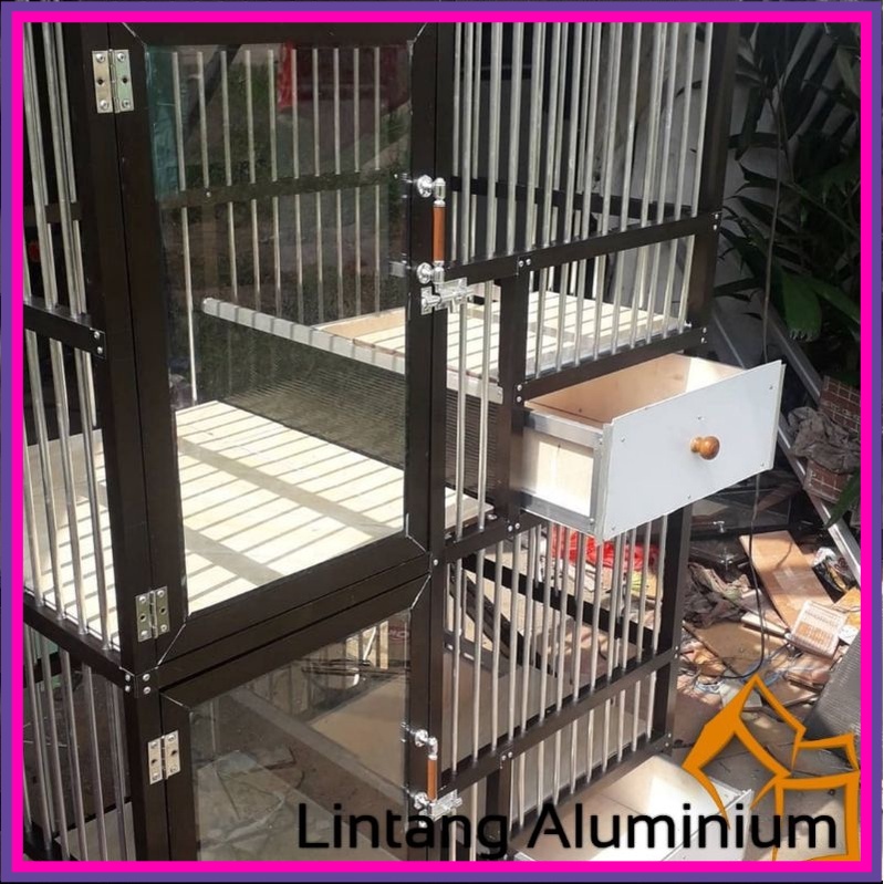 Kandang Kucing Aluminium // 2Tingkat Pintu Kaca// Slorok