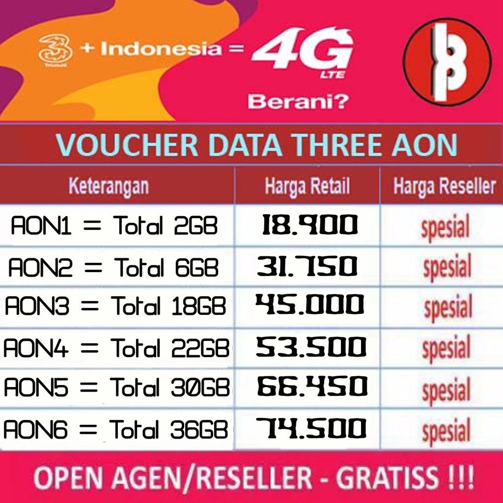 ISI ULANG PAKET DATA TRI  | Voucher KUOTA TRI | 2GB 3GB 4GB 6GB 12GB 24GB 44GB 50GB 70GB 66GB 33GB