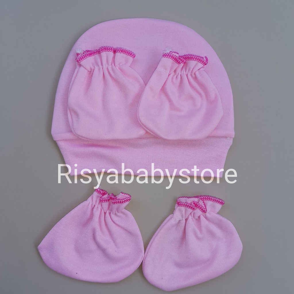 Topi set sarung tangan kaki bayi warna polos new born | Risyababy collection