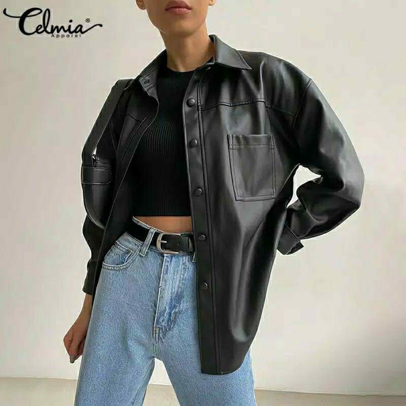 SFI x KMJ - Jaket Wanita Model Oversize Kemeja Blazer Bahan Semi Kulit Sintetis Viena Import PU Faux Synthetic Leather Jacket Oversized Fashion Big Size Cewek Perempuan Saku Pocket Polos Kancing Hitam Atasan Baju Kameja Outer Pakaian Blezer Casual Trendy