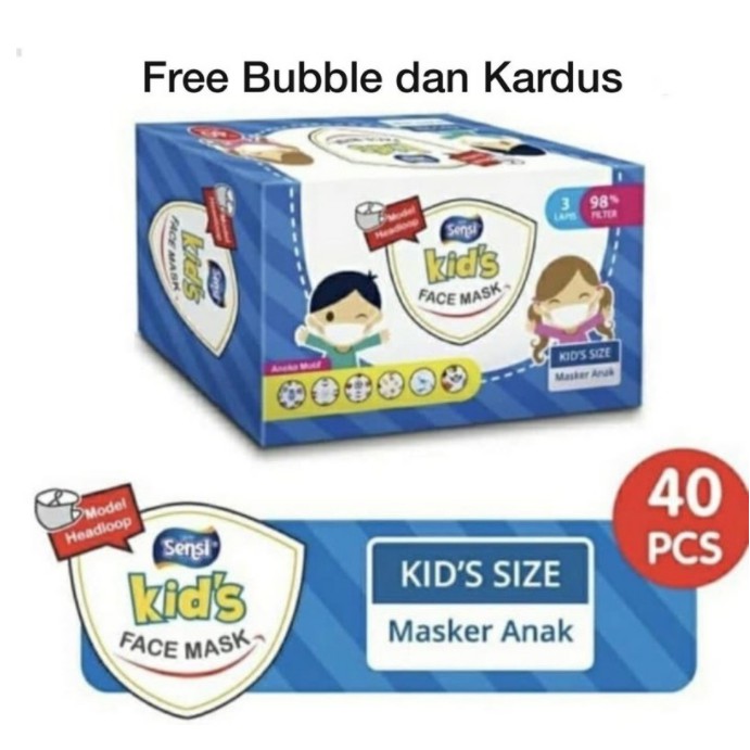 Masker Sensi Kids Face Mask 3Ply Per Box isi 40 PC/ MASKER SENSI MEDIS ANAK