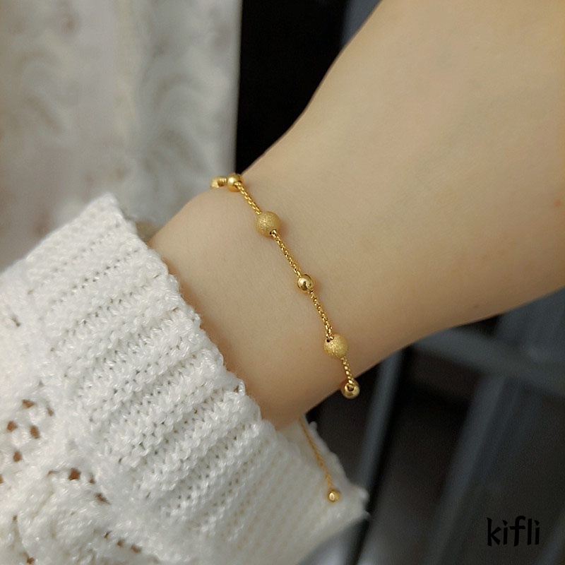 18K,Gelang Serut Emas,Gelang Titanium Wanita,Anti Karat Kecil Golden,Bean Bracelet Aksesoris,Wanita