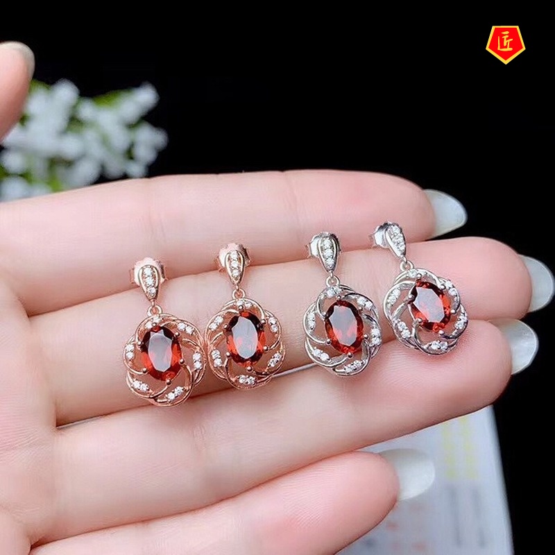 [Ready Stock]Natural Garnet Set Simple Fashion Rings Pendants Stud Earrings
