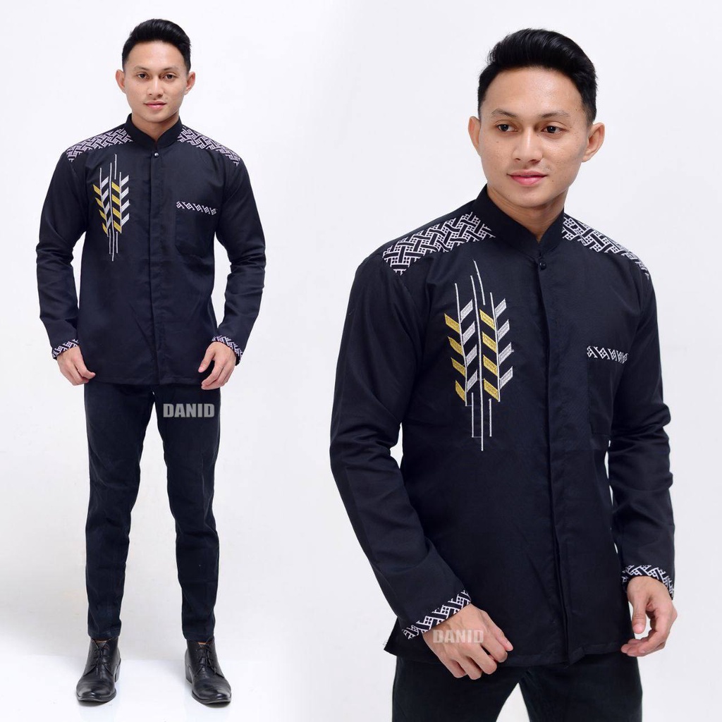 Baju Koko Pria Lengan Panjang Terbaru Kombinasi Batik Dan Bordir Motif Padi