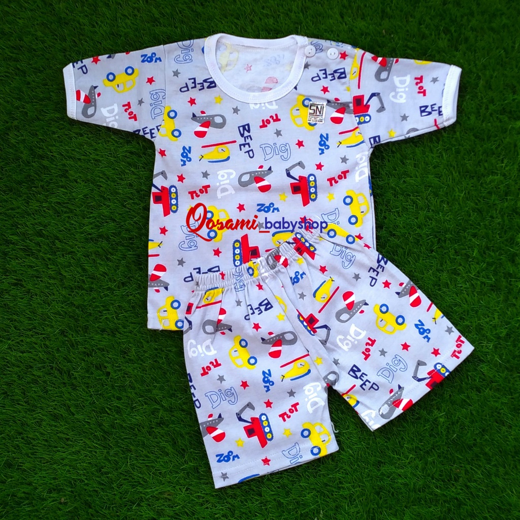 HOKIKU ( 1 Setel ) Cowok Setelan Pendek Bayi Newborn 0 - 4 Bln Motif Full Print SNI