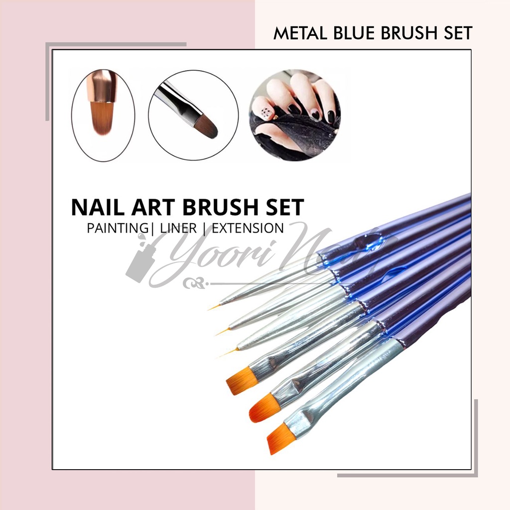 Metal blue brush set 6 pcs kuas nail art liner oval gel brush nailart kuku