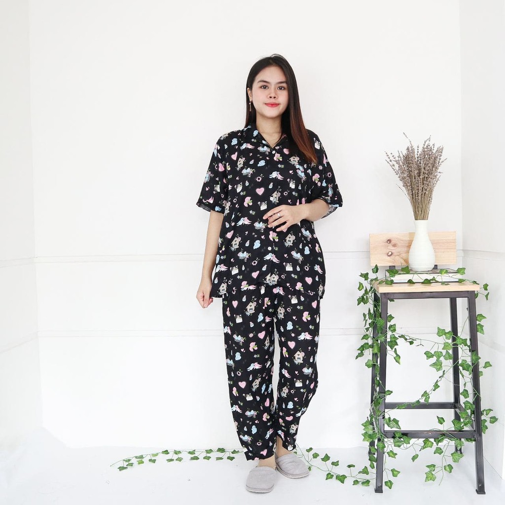 IZANY Piyama CP allsize One Set Rayon Import / Daily Set / Tie dye-BIRD BLACK