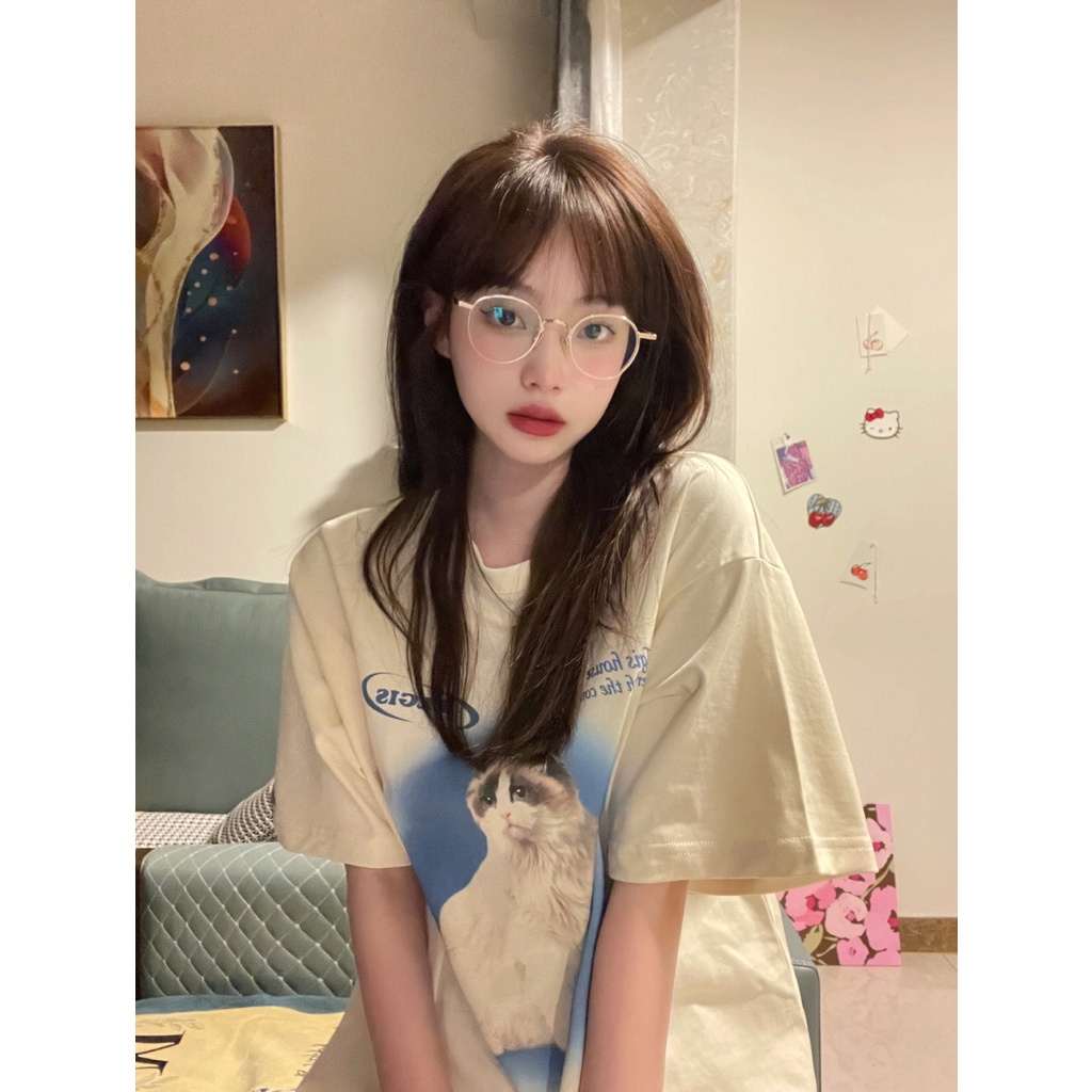 [100%  Katun]Cat Kaos Lengan Pendek Cream Atasan Wanita Oversize Printed T-shirt Kekinian Korean Style