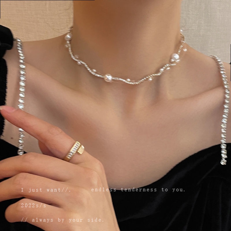 Kalung Choker Bahan Alloy Dengan Mutiara Imitasi Untuk Wanita