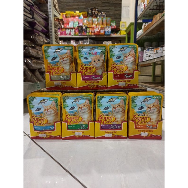 super cat pouch 85gr all varian makanan sachet supercat