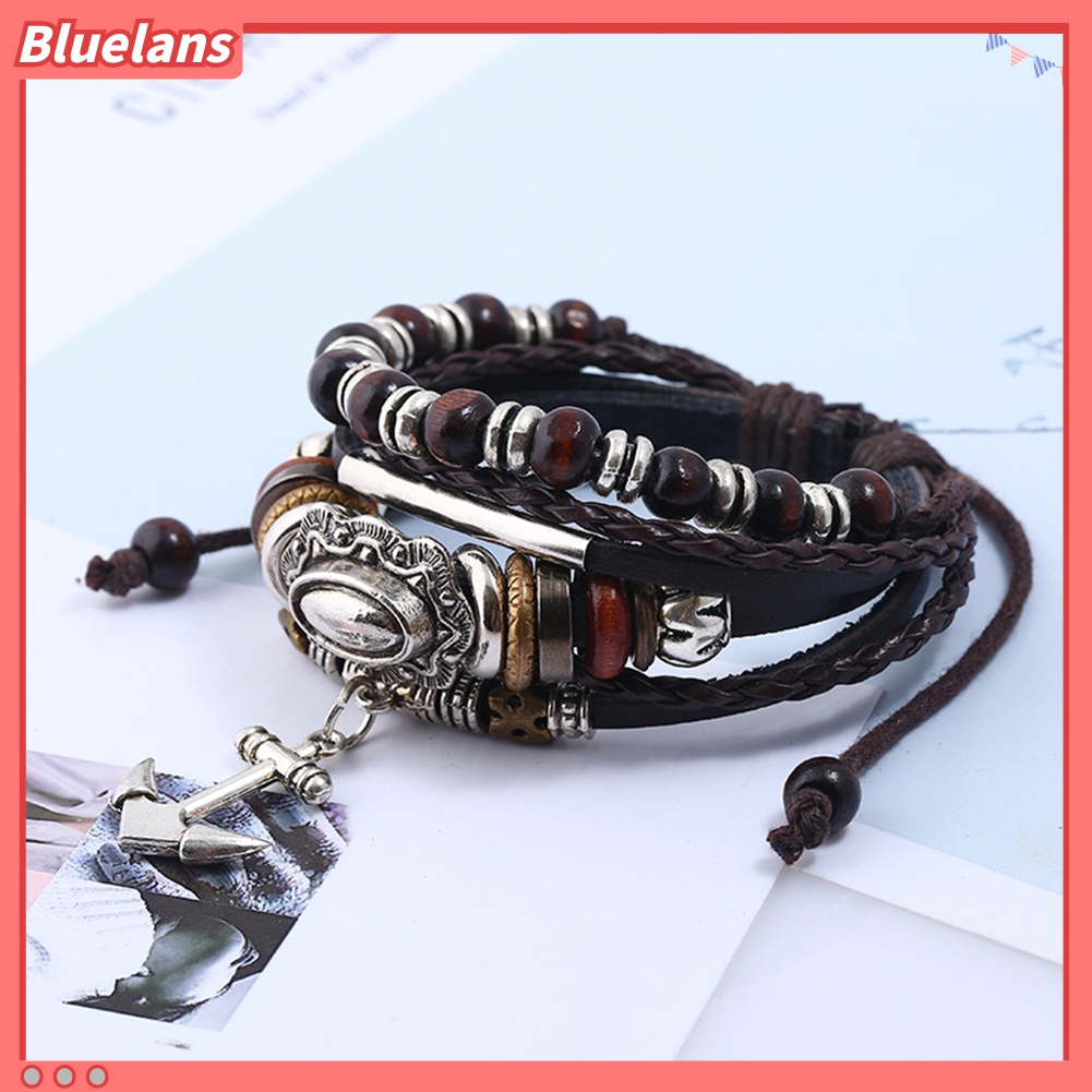 Gelang Tali Kepang Multilayer Bahan Kulit Aksen Manik-Manik Jangkar Untuk Unisex