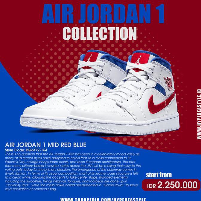 Sepatu Air Jordan 1 Mid Red Blue Original Sneaker - 44 Malikaikha