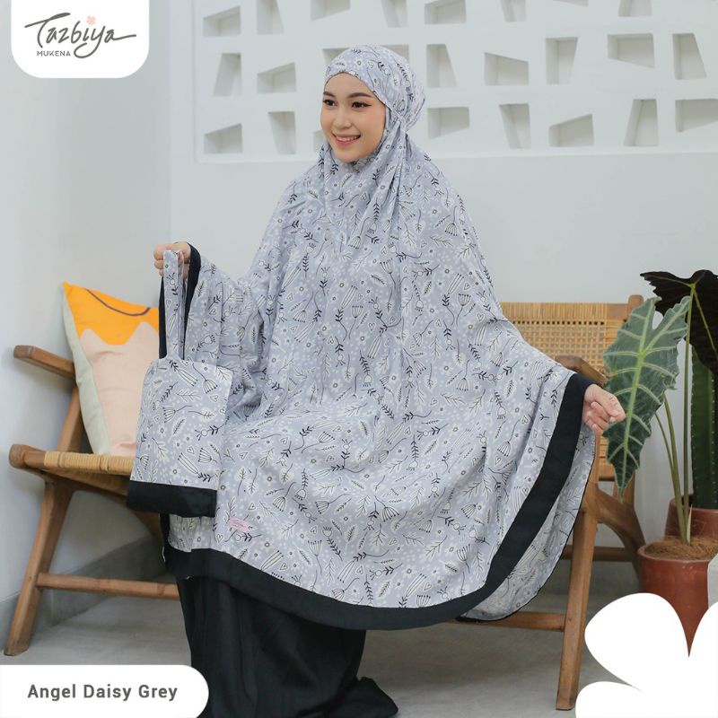 Mukena Tazbiya Angel Daisy Grey Blue Cream Jumbo Dewasa Katun Rayon Adem Motif Cantik Treveling