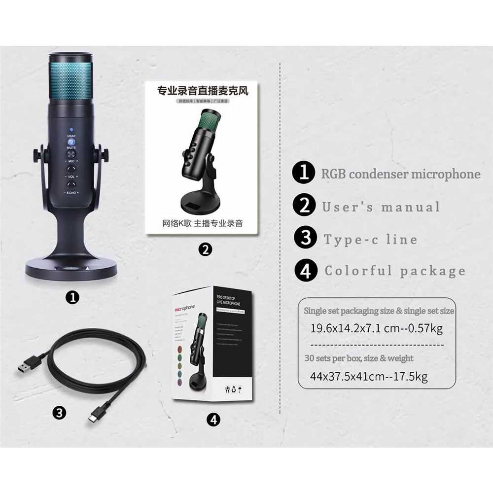 IDN TECH - LEORY Microphone Condenser USB Mikrofon Kondensor RGB Light - JD-950