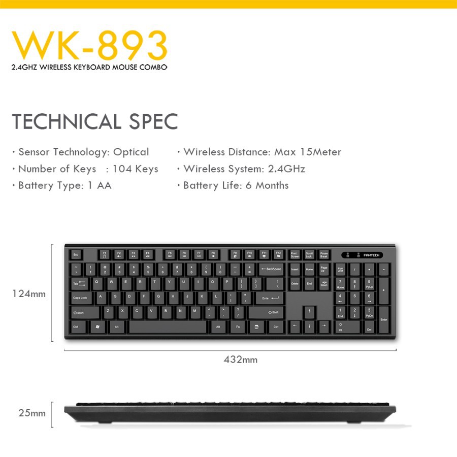 Keyboard Mouse Office FANTECH WK893 Wirelles Up To 1,5m Conectivity