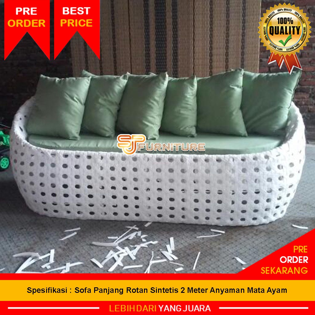 Sofa Panjang Rotan Sintetis 2 Meter Anyaman Mata Ayam & Anyaman Biasa / Standart [ Rangka Besi ]