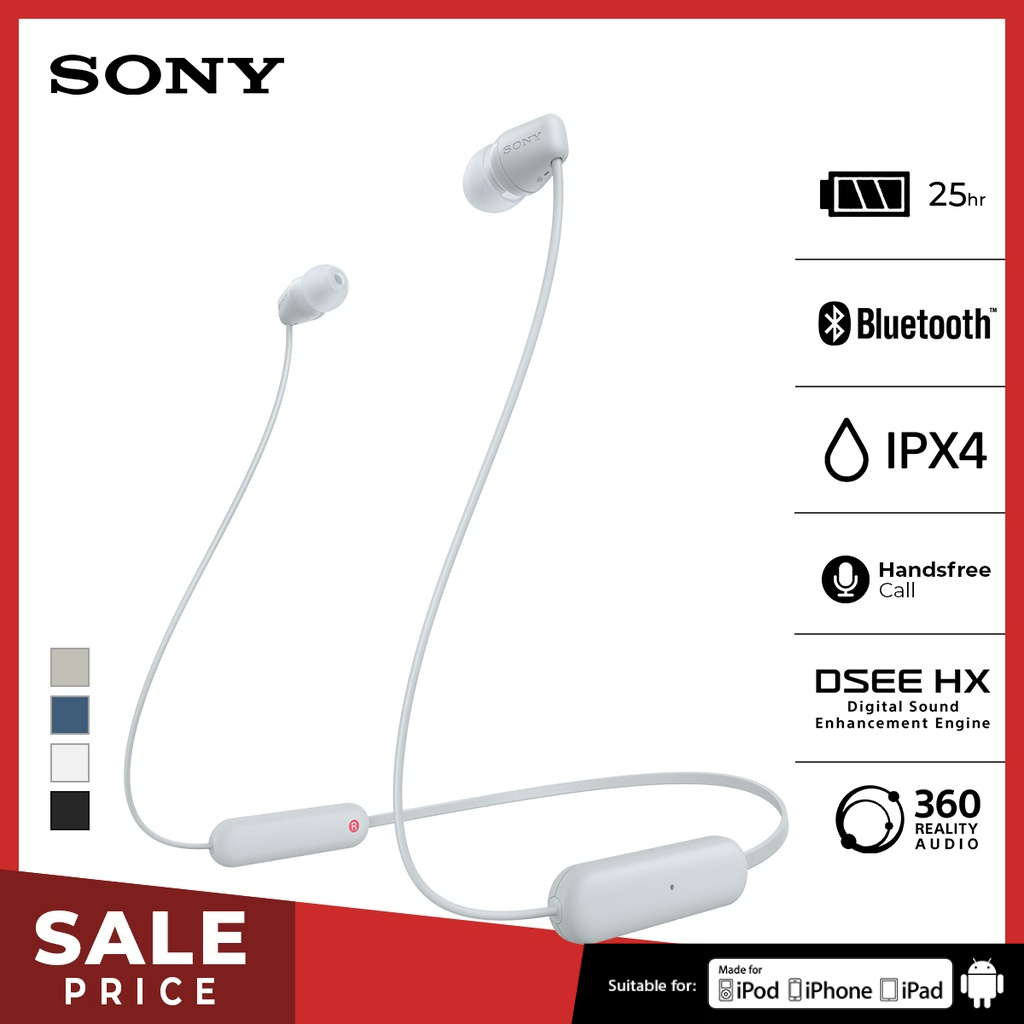 SONY WI-C100 In Ear Wireless Bluetooth Headset With Microphone For Android &amp; IOS - White [Battery Up to 25h] Earphone Headphone Handsfree