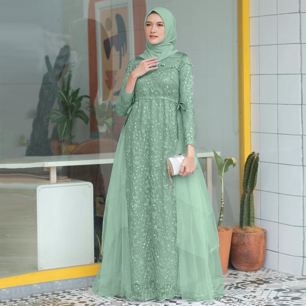 AZKANA BATIK - Gamis Brukat Maxi Dress Auliya Lengan Panjang Baju Kondangan Wanita Kekinian Dress Bridesmaid Brukat Tulle Mix Payet Mutiara Gamis Lebaran 2023