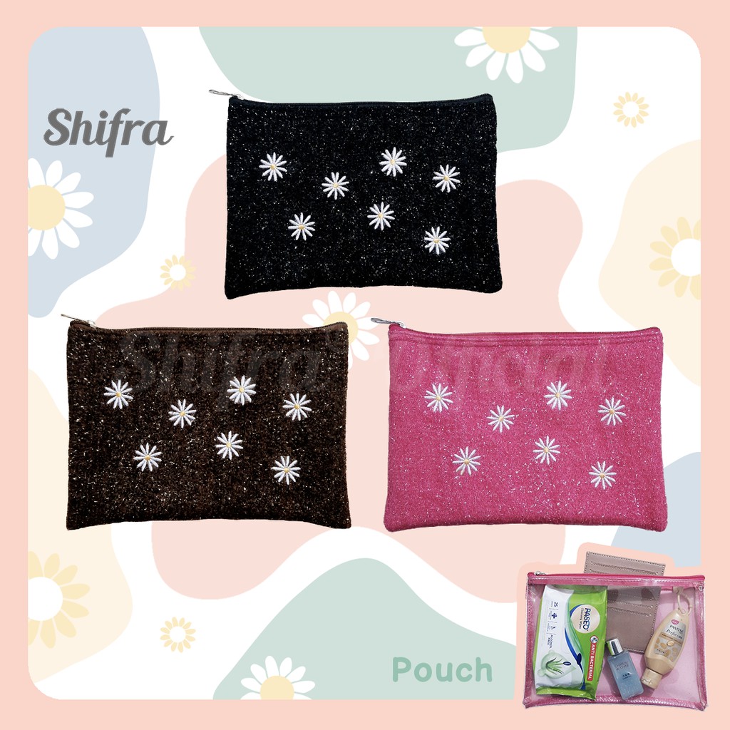 TEMPAT MASKER POUCH MASKER TEMPAT SANITIZER TEMPAT KOSMETIK BULU BUNGA DAISY SHIFRA