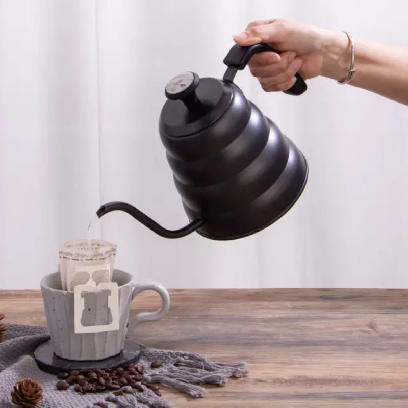 GOOSENECK KETTLE THERMOMETER BUONO 1000 ML 1200 ML BLACK | TEKO KOPI LEHER ANGSA HITAM 1 L 1,2 L DENGAN TERMOMETER | POT V60 DRIP KETTLE ESPRESSO BARISTA PERALATAN KOPI