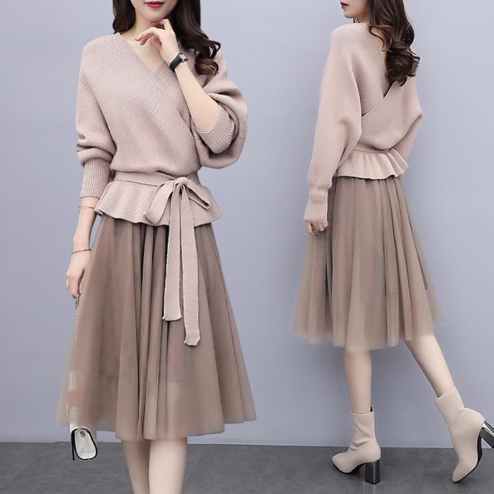 Single / suit new fashion sweater knitwear set women's autumn and winter mesh skirt two-piece set la