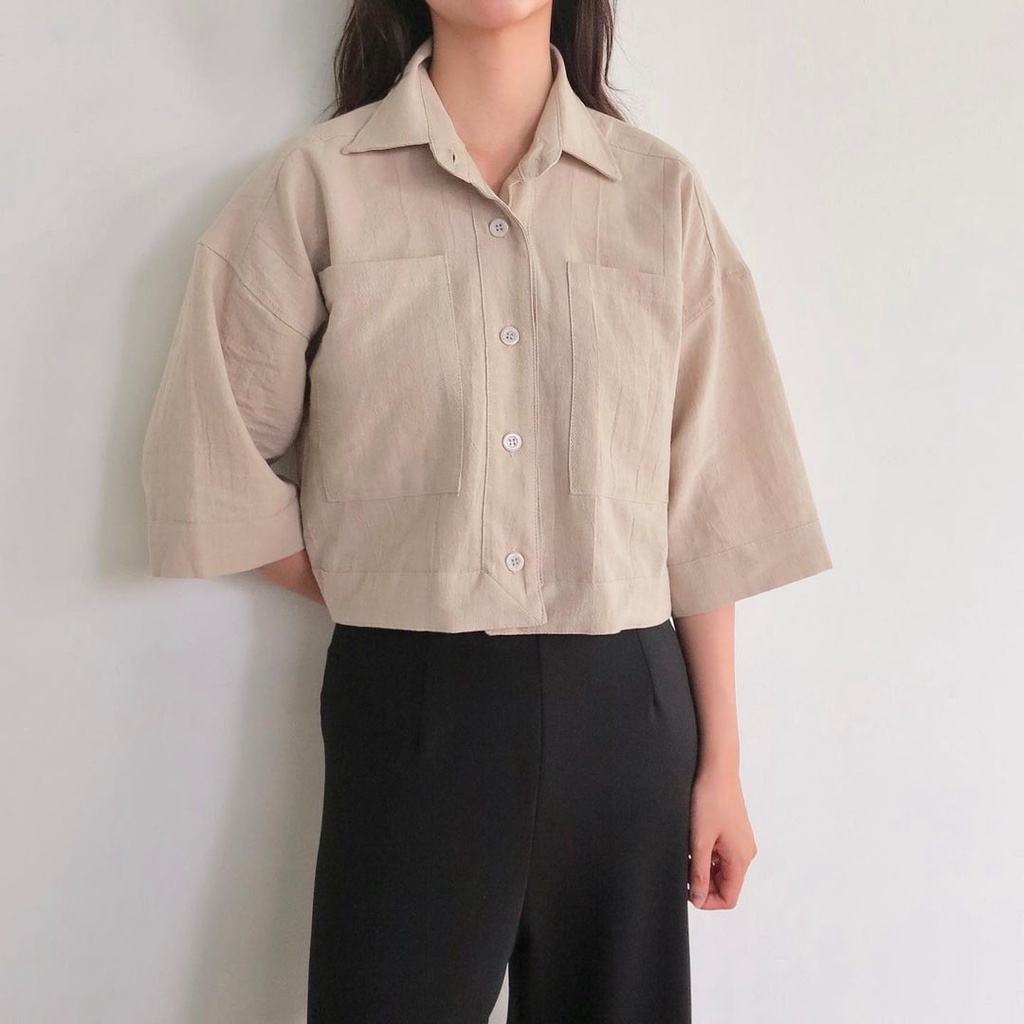 kemeja linen pocket Kemeja Gita Rami Basic Shirt Crop Linen / Kemeja crop oversize / Kemeja Crop Linen