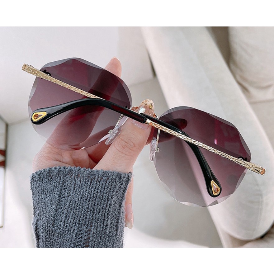 Kacamata Fashion Wanita Gaya Korea Frameless Kacamata Hitam Bulat Sunglasses Women Anti Silau UV ORI