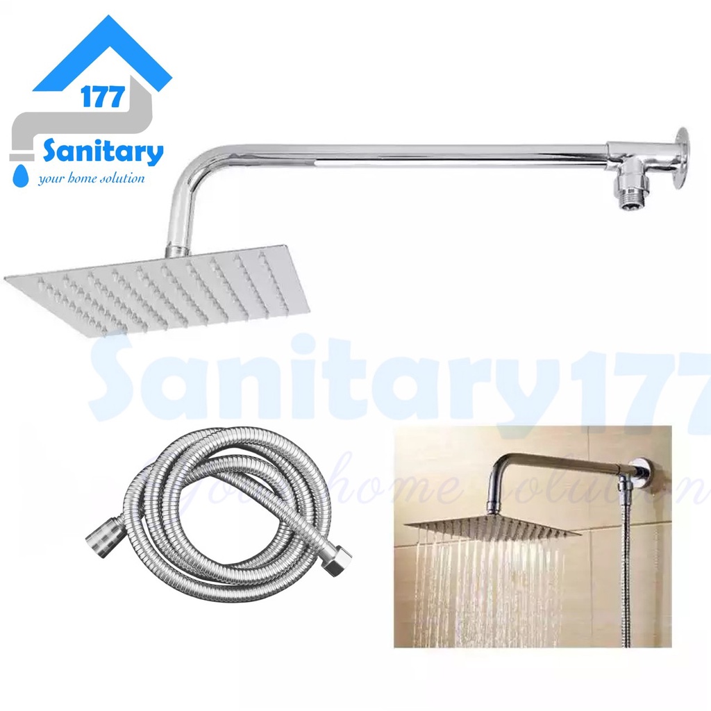 Paket bundling Wall shower Rainfall stainless kotak 20cm inch Komplit + Pipa 20cm &amp; bracket Tee tanpa bobok hitam black instalasi luar shower tembok 8 inch