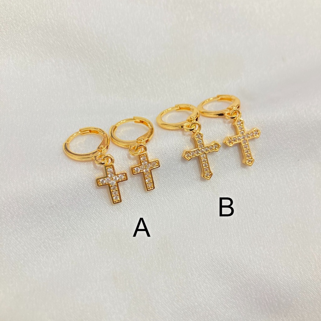 Anting Jurai Motif Salib Permata Kecil Perhiasan Lapis Emas