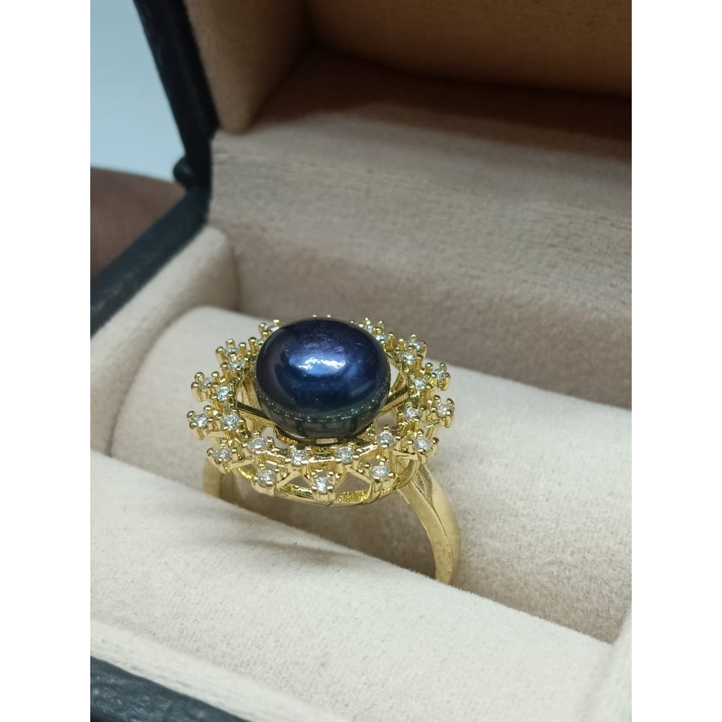 Cincin Rhodium Matahari Mutiara Air Tawar Hitam Free Kotak Cincin Kulit Elegan