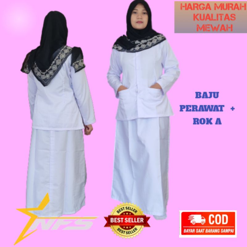 setelan seragam perawat bidan putih dengan rok A, baju dinas, seragam kerja,