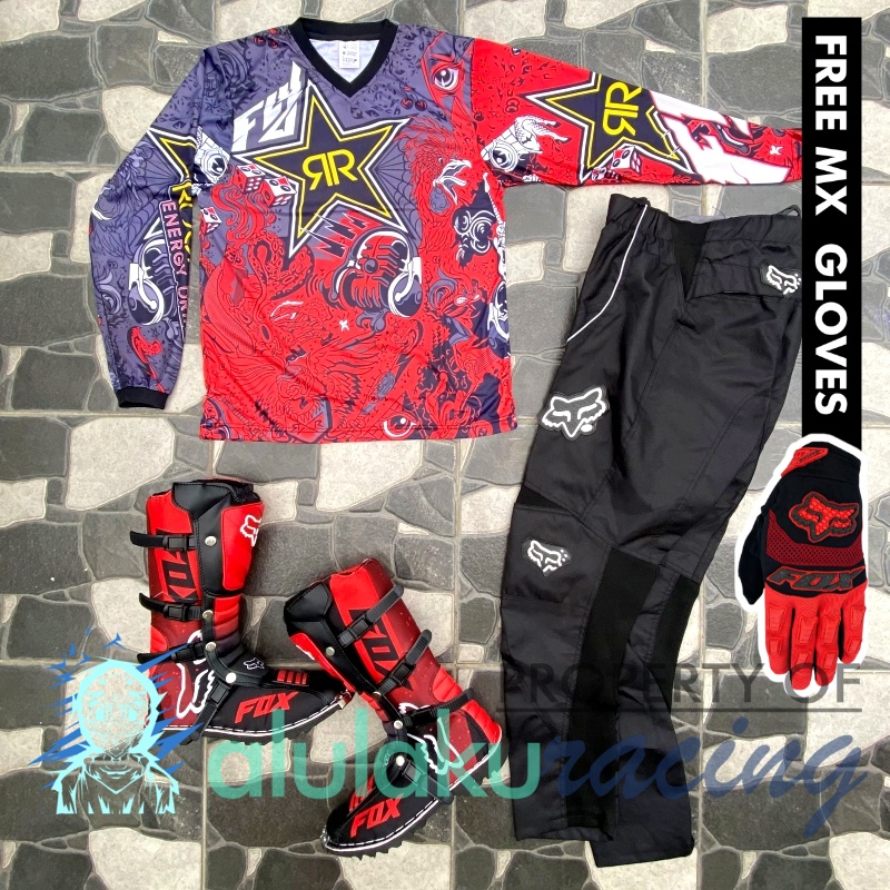 Jersey, Celana, Sarung Tangan &amp; Sepatu Fullprint with Protectors Fullset MX Trail Motocross - Paket Bundling RSCTFG010103-F43