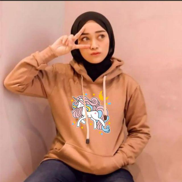 Terbaru!!! Sweater hoodie wanita unicorn/BAHAN babyterry ukuran all size-Moka
