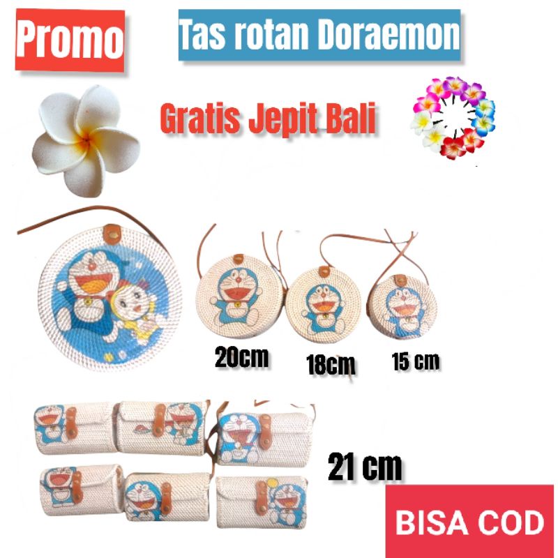 Big sale tas rotan Bali / lombok Motif doraemon bulat dan persegi / kotak dompet motif2  terbaru dan