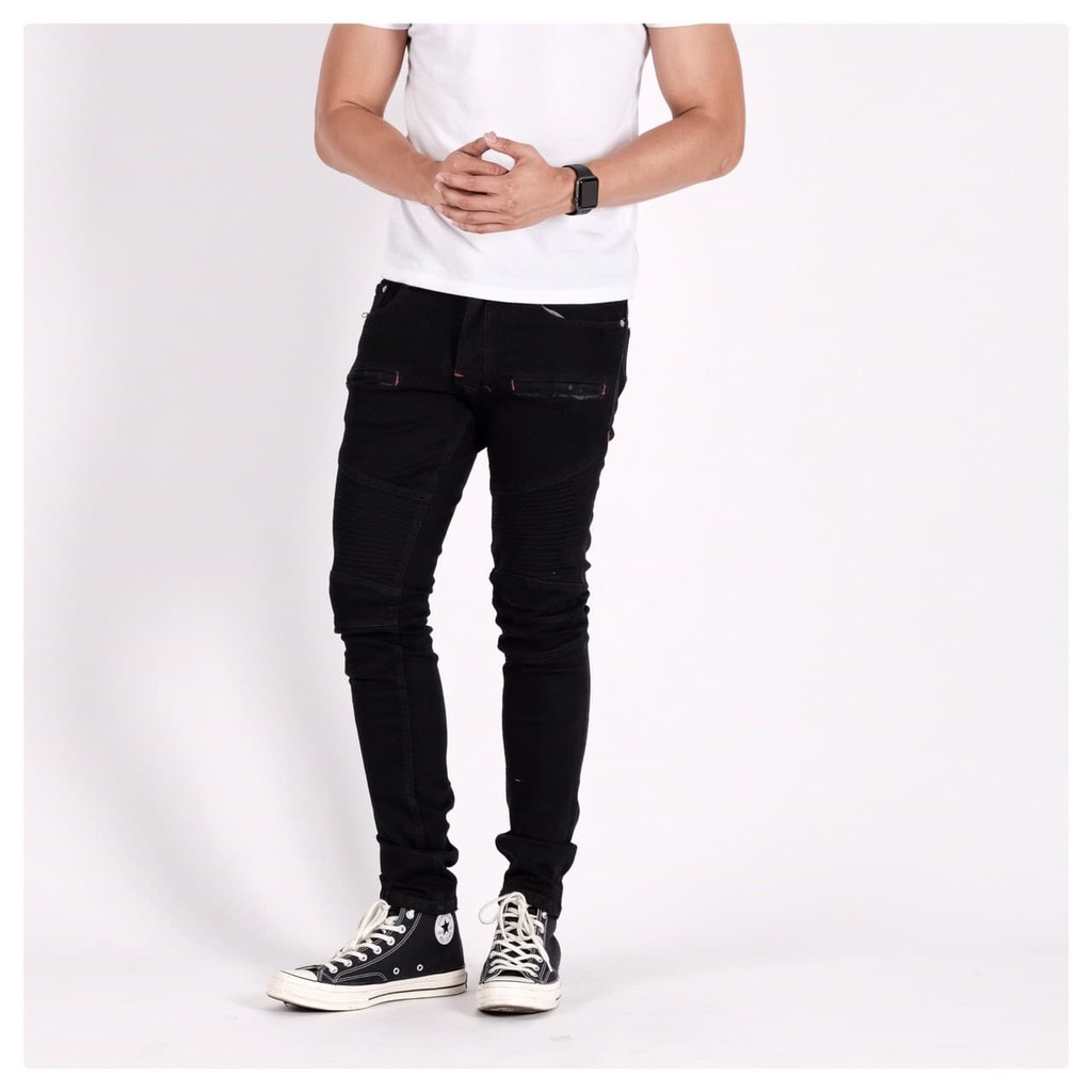 HAM JEANSKU CELANA JEANS PANJANG DENIMITUP A1 Biker Black Denim Slim Fit Tapered Stretch Pria