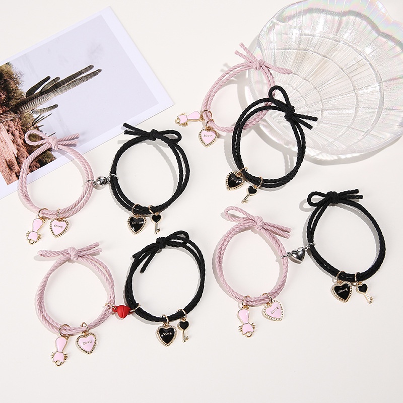 【MHANG】2 PCS/Gelang Tali Hati Kucing Persik Kartun Yang Lucu Gelang Pasangan Cinta Pink Romantis Magnet Fashion Menarik Perhiasan Hadiah Ulang Tahun Untuk Pacar