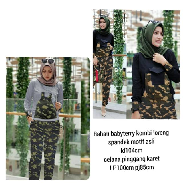 Setelan baju wanita loreng . Set remy army