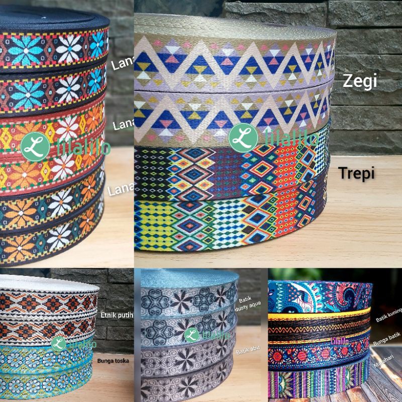 WEBBING MOTIF 4 CM / BAHAN TALI TAS MOTIF (TANPA KAITAN)