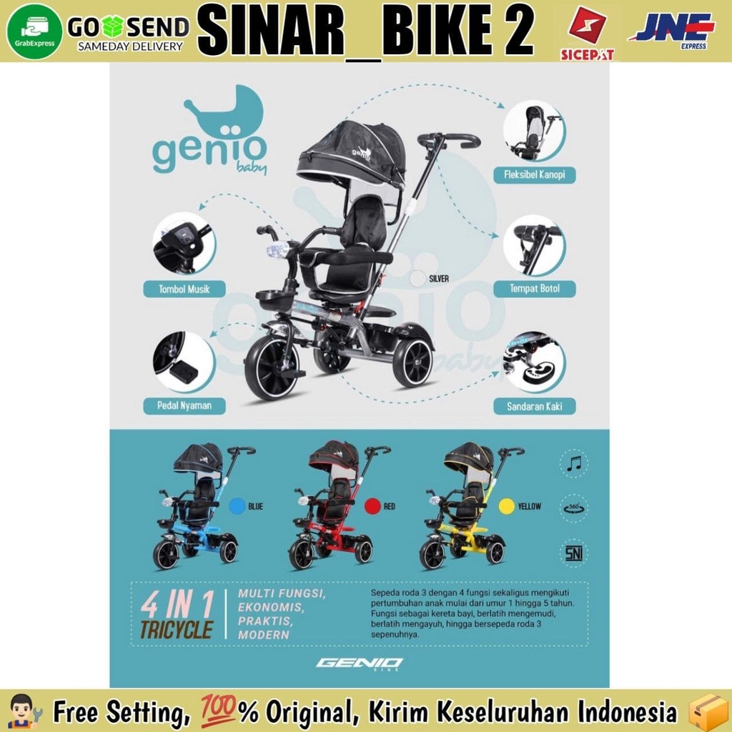 Sepeda Anak Roda Tiga GENIO BABY CARRIAGES New Musik Kursi Bisa Di Putar