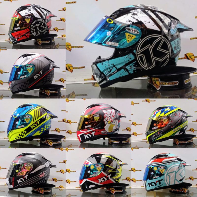 Helm Kyt R10 motif series 3 aqua blue_Helm full face paket ganteng visor flat iridium 100% ORIGINAL