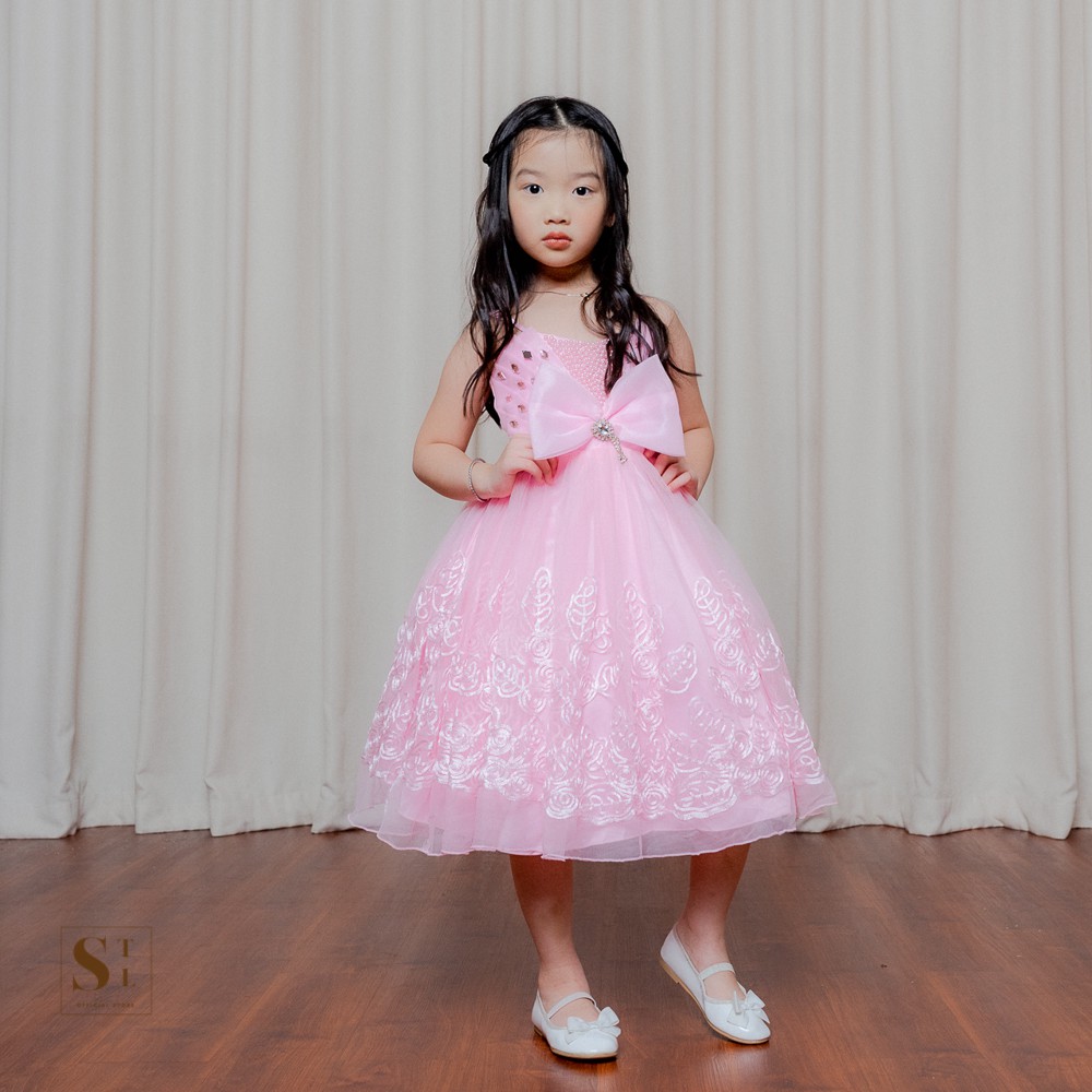 Nicole Dress Anak Perempuan Organdi Pita Mutiara Premium (L90)