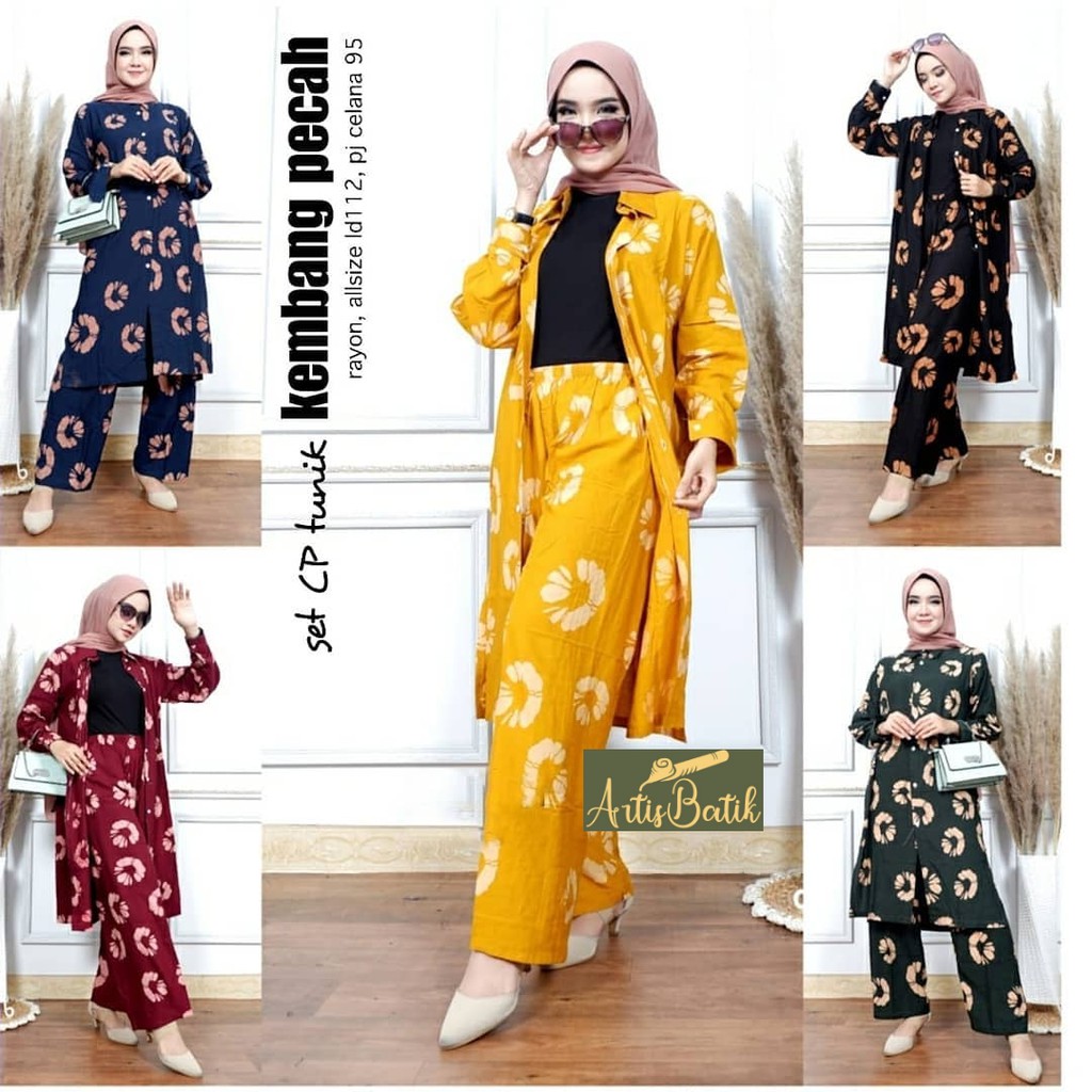 SET CP TUNIK KEMBANG PECAH SETELAN RAYON SETCEL JUMBO CELANA PANJANG BATIK CAP ONE SET RAYON SHIBORI
