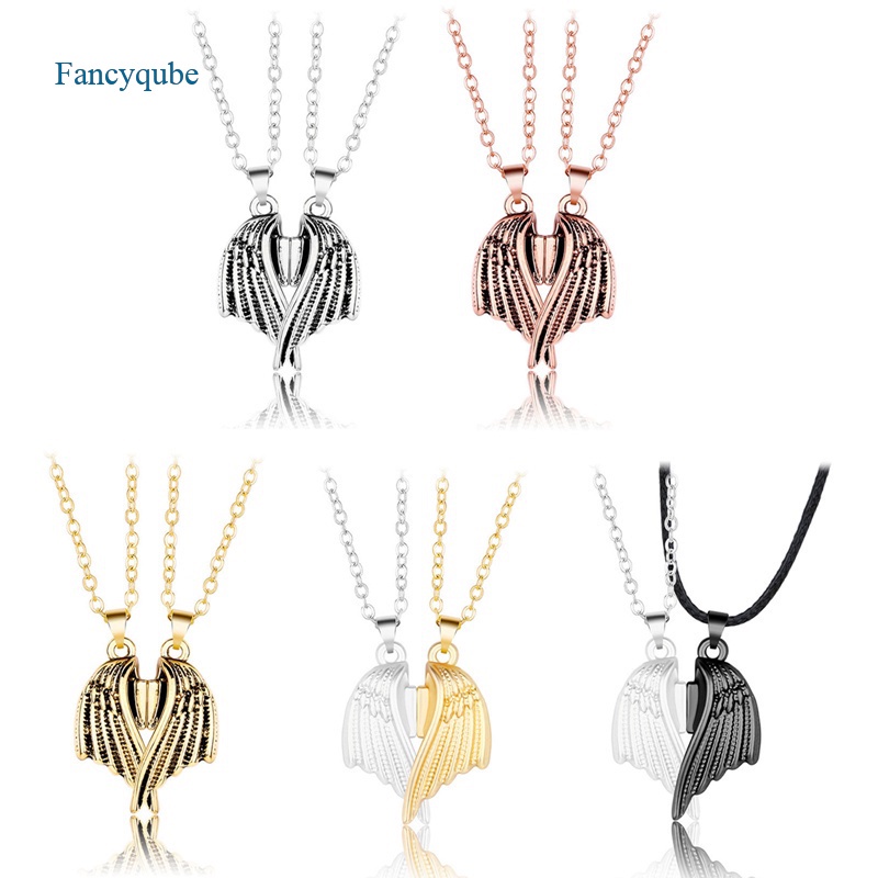 Fancyqube 2pcs / Set Kalung Rantai Liontin Sayap Malaikat Magnetik Gaya Punk Gothic Untuk Pria Dan Wanita