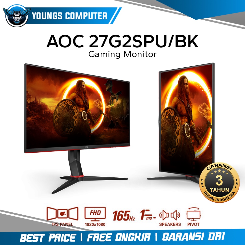 LED AOC 27G2SPU 27&quot; IPS 165Hz 1ms Speaker Frameless Gaming Monitor BK