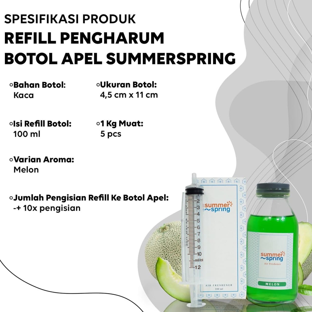 Parfum Mobil Pengharum Ruangan Pewangi Kamar Tidur Harum Summer Spring | Refill Apel | Aroma Melon