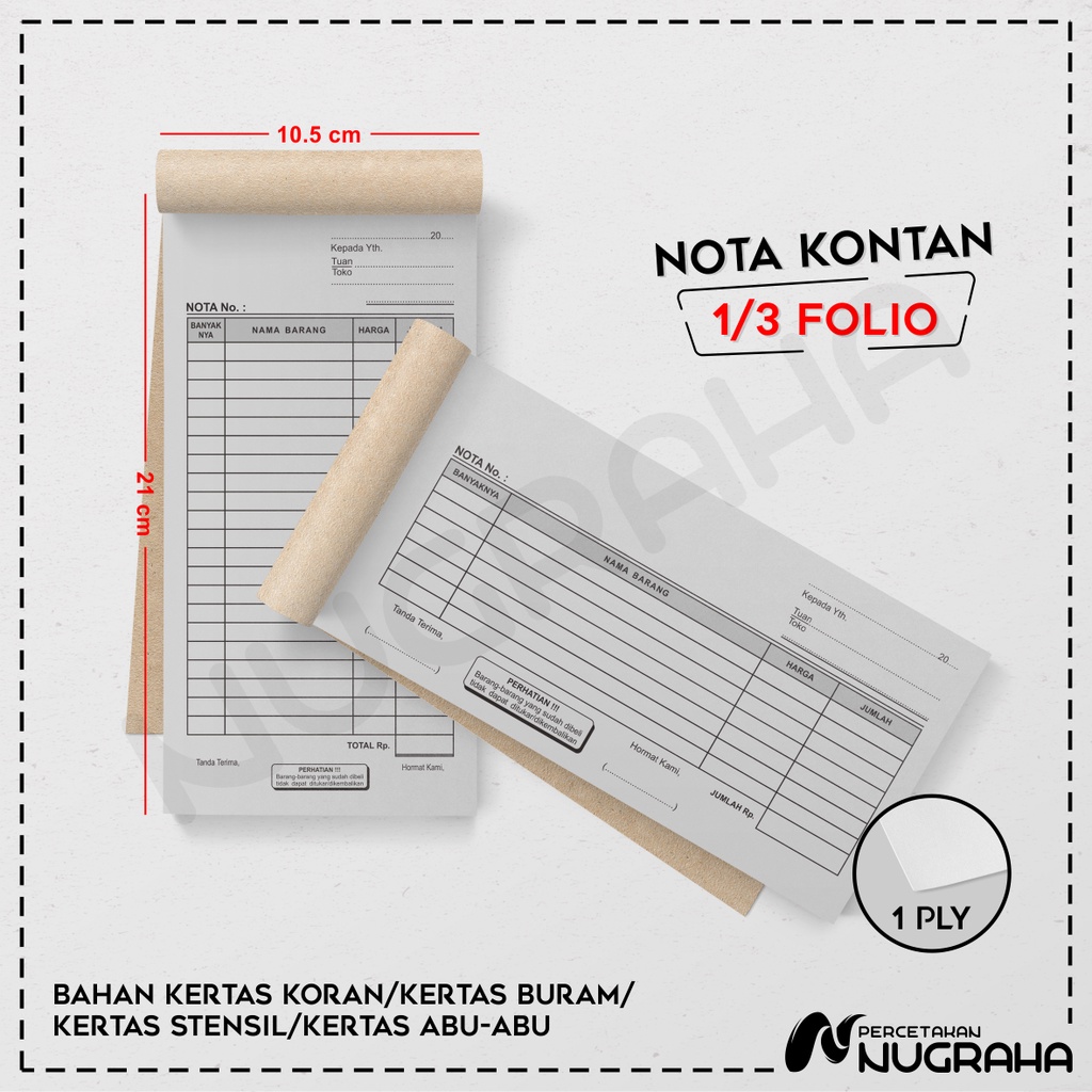 

NOTA UKURAN 1/3 FOLIO BAHAN KERTAS KORAN / STENSIL (KERTAS BURAM) / BUKU NOTA KONTAN TANPA RANGKAP Isi 50 lembar