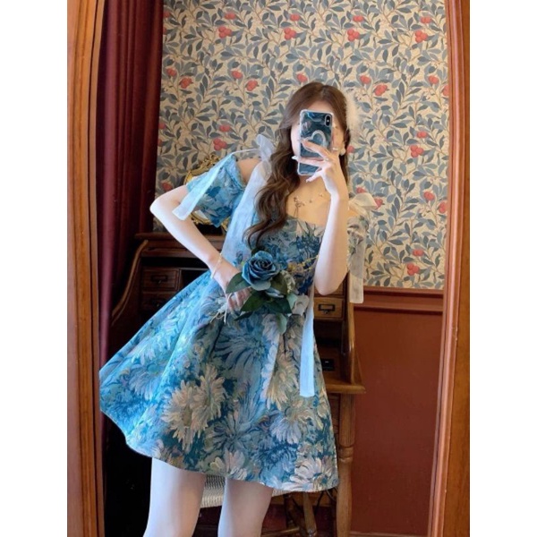 dress artistic gaun seni Artistic oil painting dress with suspenders retro with vintage sweet court style small crowd fleeing princess dress summer Korea dress