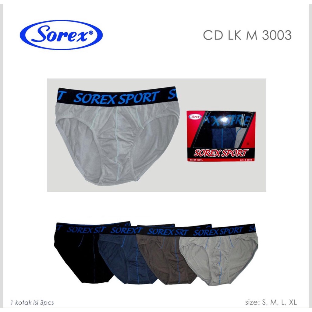 CD SOREX PRIA M3003 ( HARGA DI ATAS 1BOX ISI 3PCS ) - SOREX SPORT - CELANA DALAM PRIA MURAH BAHAN KATUN ANTI IRITASI DAN LEMBUT BAGUS DAN NYAMAN - CD SOREX COWOK ANAK DEWASA REMAJA - SIZE M L XL - KARET LEBAR MODEL SPORT - AR98STORE