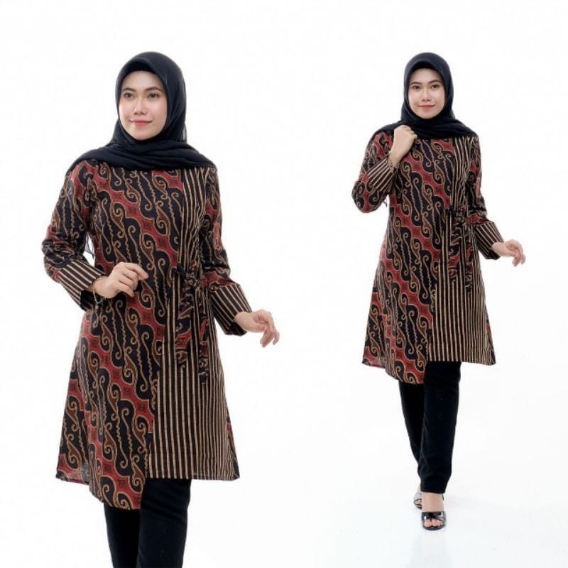 COD - Tunik batik wanita lawasan coklat kekinian M L XL XXL Jumbo-7