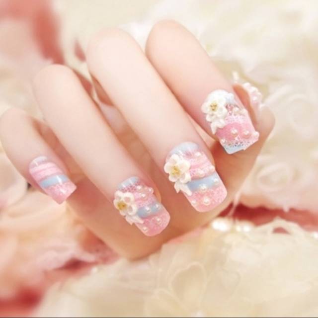 KUKU PALSU PINK Biru Bunga + Mutiara 3D dengan Renda Fake Nails 24pcs IMPORT #A004